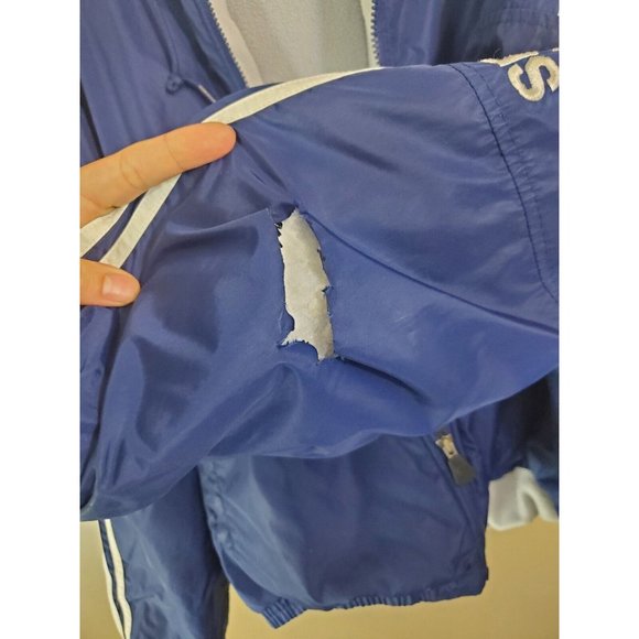 Vtg Adidas Three Stripe Blue Fleece Lined Full Zip Nylon Windbreaker, Size L - Picture 8 of 12